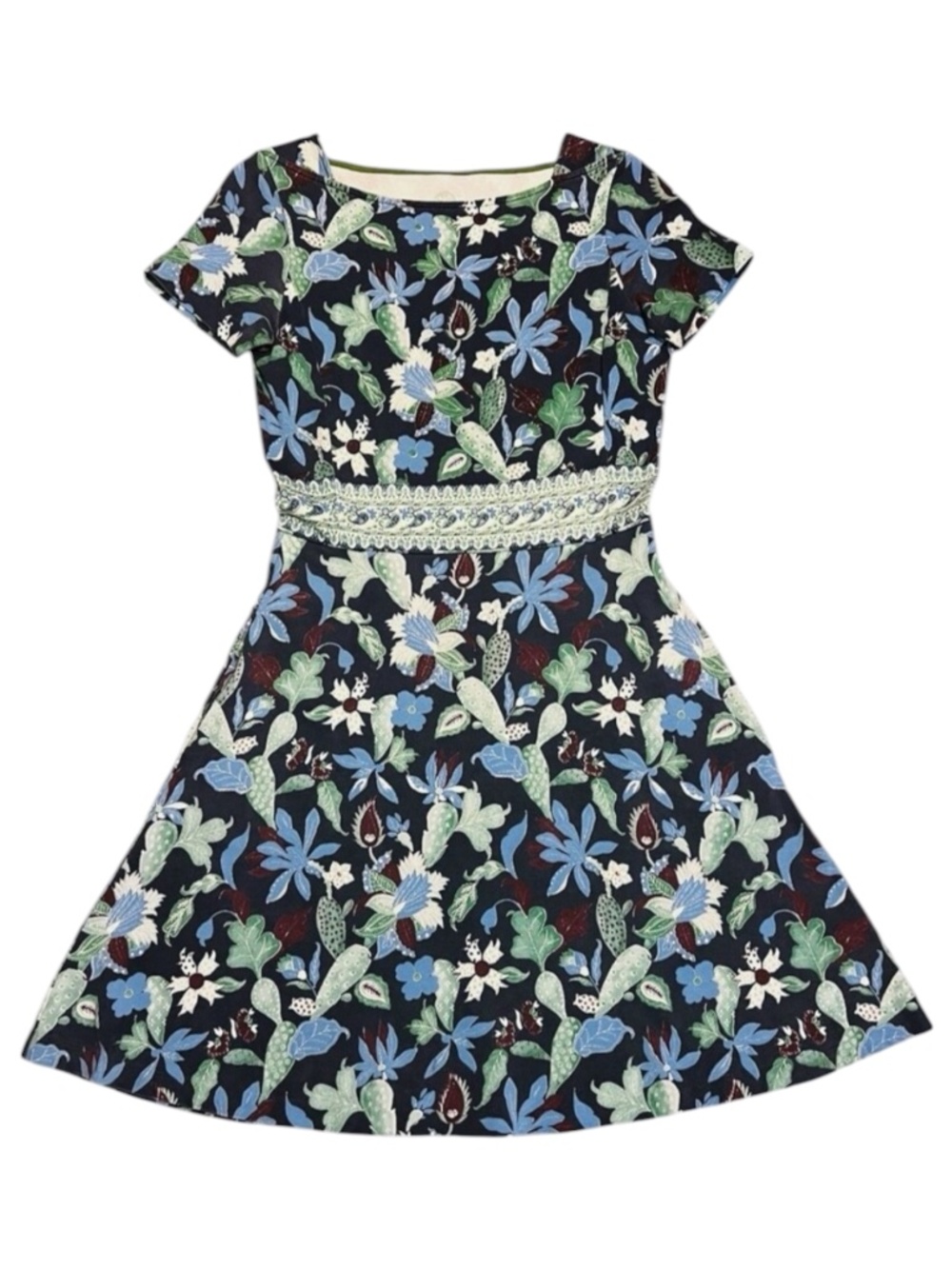 TORY BURCH Wisteria Garden Flare A Line Dress Floral Cotton Navy Blue Green XS